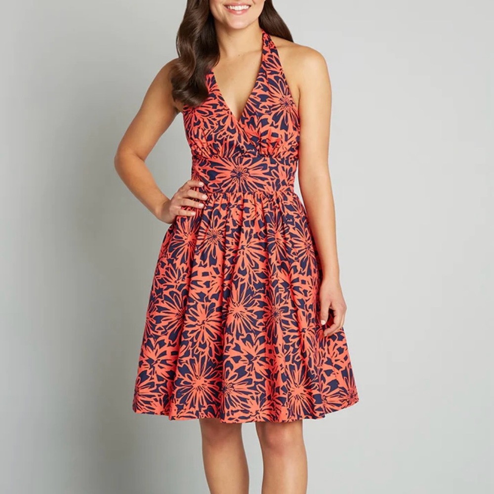 Modcloth Floral Unfaltering Halter Blue Sundress retro sz 0 tie neck pockets new